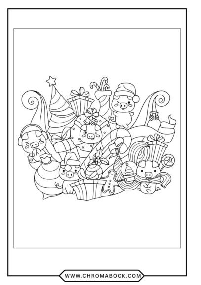 A whimsical pig surrounded by playful patterns and flowers, perfect for a fun coloring page. Enjoy this free printable!