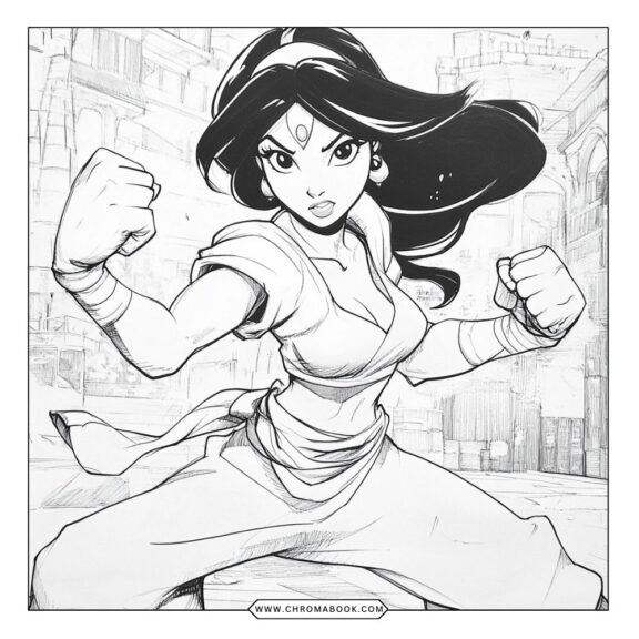 A whimsical coloring page featuring Aladdin and Jasmine in a magical setting, perfect for imaginative fun. Free printable available!