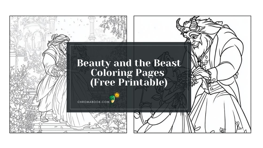 A whimsical Beauty and the Beast coloring page featuring Belle and the Beast in a romantic garden scene. Free printable for fun!