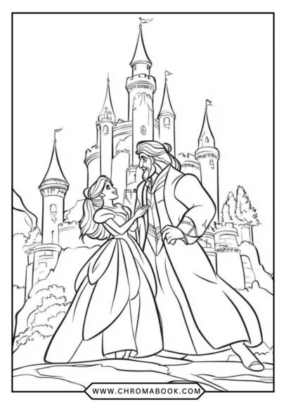 A whimsical Beauty and the Beast coloring page featuring intricate designs of roses and enchanted objects. Free printable!