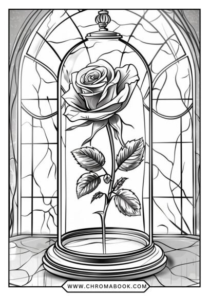 Beautiful "Beauty and the Beast" coloring page featuring intricate designs of the castle and enchanted rose. Free printable!