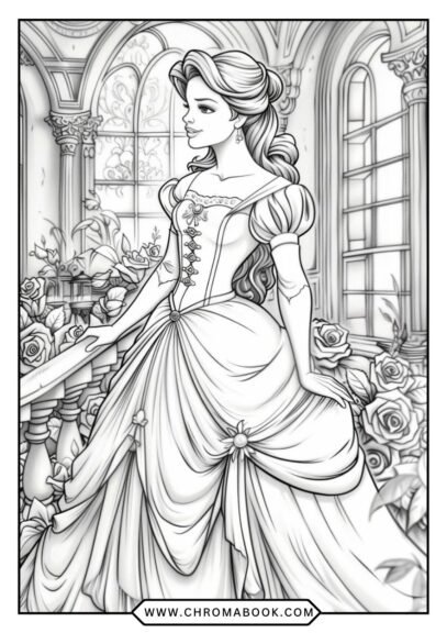 A whimsical Beauty and the Beast coloring page featuring enchanted roses and characters, perfect for a free printable activity.