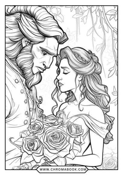 A magical Beauty and the Beast scene featuring intricate designs for a delightful coloring page; perfect for a free printable activity!
