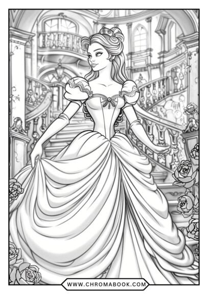 A whimsical Beauty and the Beast coloring page featuring Belle and the Beast in an enchanted garden, perfect for a free printable activity.
