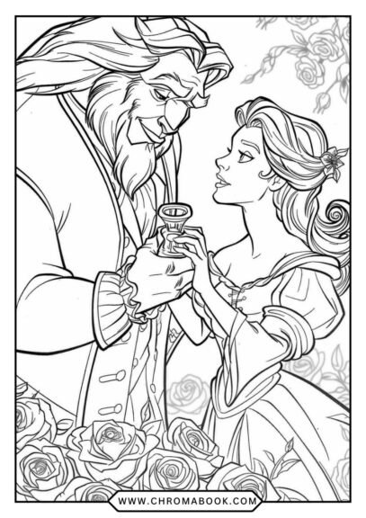 A whimsical Beauty and the Beast coloring page featuring Belle and the Beast in an enchanting forest. Free printable design for all ages!