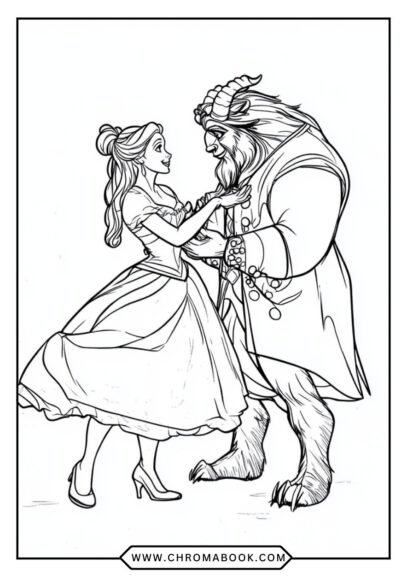 A whimsical Beauty and the Beast coloring page featuring Belle and the Beast surrounded by roses, perfect for a free printable activity.