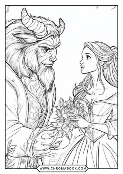 A whimsical Beauty and the Beast scene featuring Belle and the Beast surrounded by enchanting details. Perfect for a free printable coloring page!