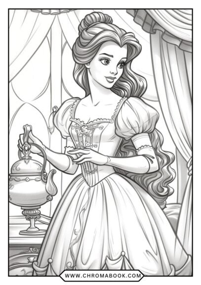 A whimsical Beauty and the Beast coloring page featuring Belle and the Beast surrounded by enchanted roses. Free printable!