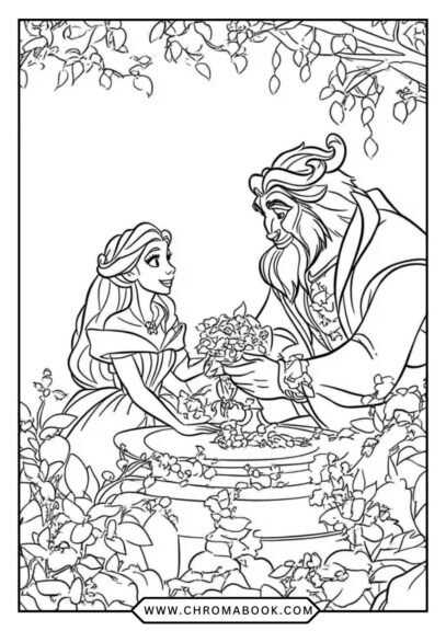 A whimsical Beauty and the Beast coloring page featuring intricate designs of characters and enchanting elements, perfect for free printable fun.