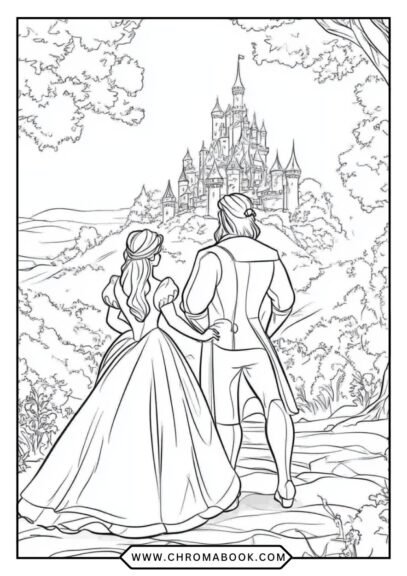 A whimsical Beauty and the Beast coloring page featuring Belle and the Beast in a magical garden. Free printable for endless creativity!