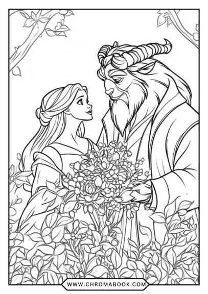 A whimsical Beauty and the Beast coloring page featuring Belle and the Beast surrounded by roses, perfect for a free printable activity.