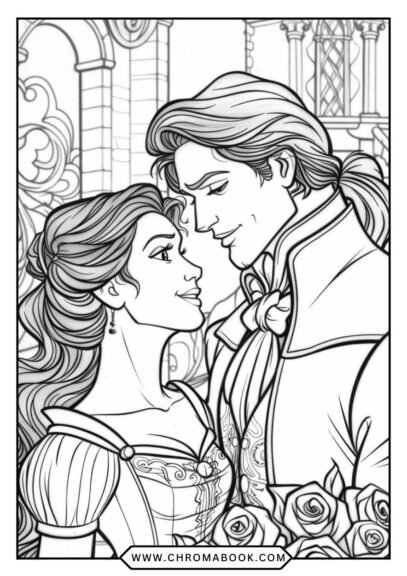 A whimsical Beauty and the Beast coloring page featuring intricate designs of characters and motifs, perfect for a free printable activity.