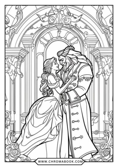 A whimsical Beauty and the Beast coloring page featuring Belle and the Beast in a garden, perfect for a free printable activity.