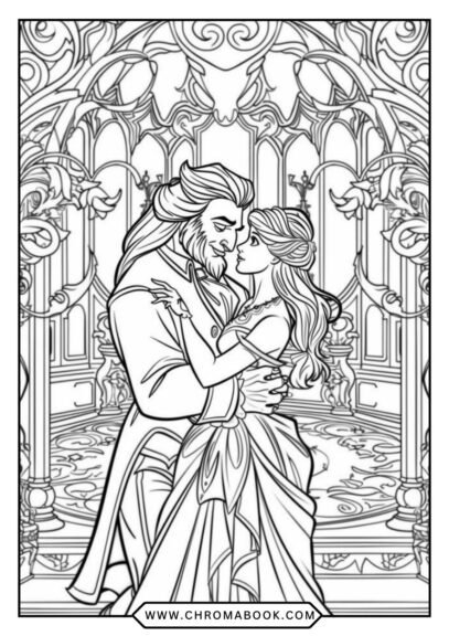 A whimsical Beauty and the Beast coloring page featuring enchanting characters and intricate floral designs, perfect for a free printable!
