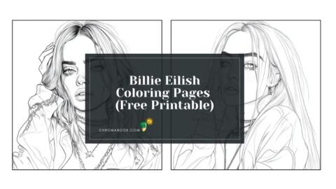 A detailed coloring page featuring Billie Eilish surrounded by musical notes and whimsical designs, perfect for a free printable activity.