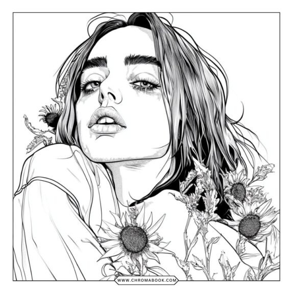 A stylish Billie Eilish portrait surrounded by musical notes and abstract designs, perfect for a fun coloring page. Free printable!