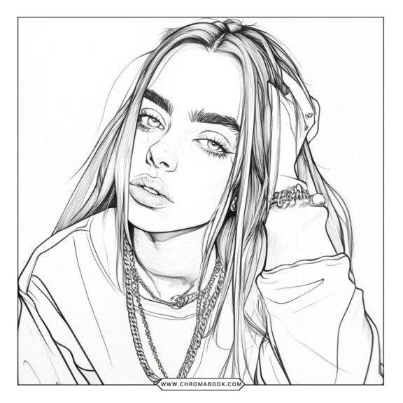 A detailed Billie Eilish coloring page featuring intricate patterns and designs, perfect for creativity. Free printable!