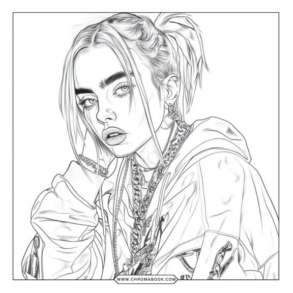 A detailed coloring page featuring Billie Eilish with intricate patterns and designs, perfect for creativity. Free printable!