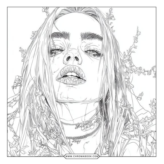 A stylish Billie Eilish illustration featuring intricate patterns and designs, ideal for a fun coloring page. Free printable available!