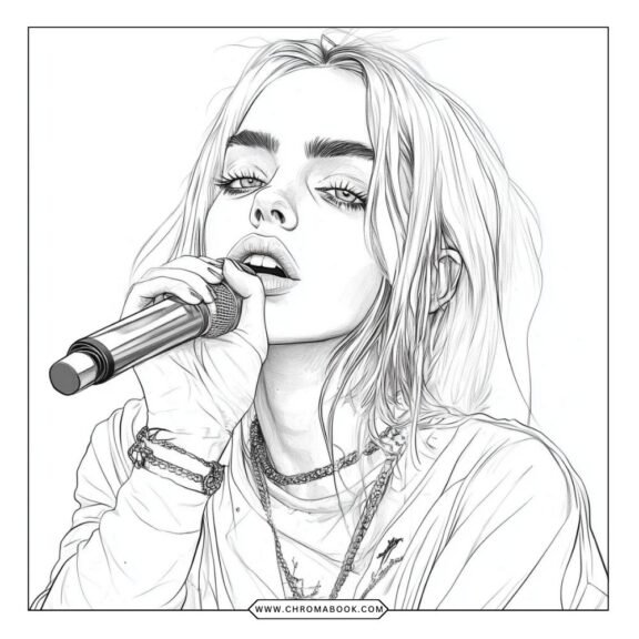 A detailed Billie Eilish coloring page featuring intricate patterns and designs, perfect for art lovers. Free printable for creativity!