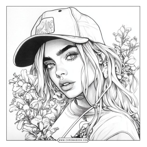 A detailed coloring page featuring Billie Eilish surrounded by intricate floral patterns, available as a free printable.