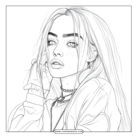 A creative Billie Eilish coloring page featuring intricate patterns and designs, perfect for art lovers. Free printable!