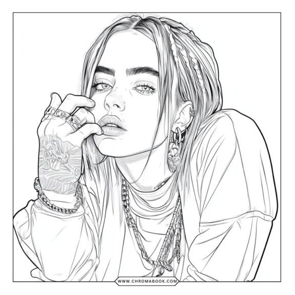 A dynamic Billie Eilish portrait with intricate floral patterns, perfect for creativity. Enjoy this free printable coloring page!