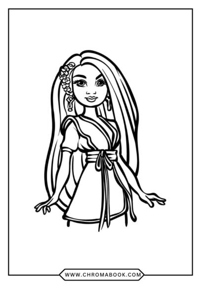 A vibrant Disney Descendants coloring page featuring iconic characters in dynamic poses, perfect for a fun, free printable activity.