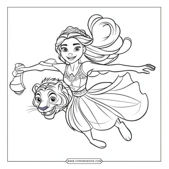 A vibrant Elena of Avalor coloring page featuring intricate designs and enchanting elements, perfect for a free printable activity.