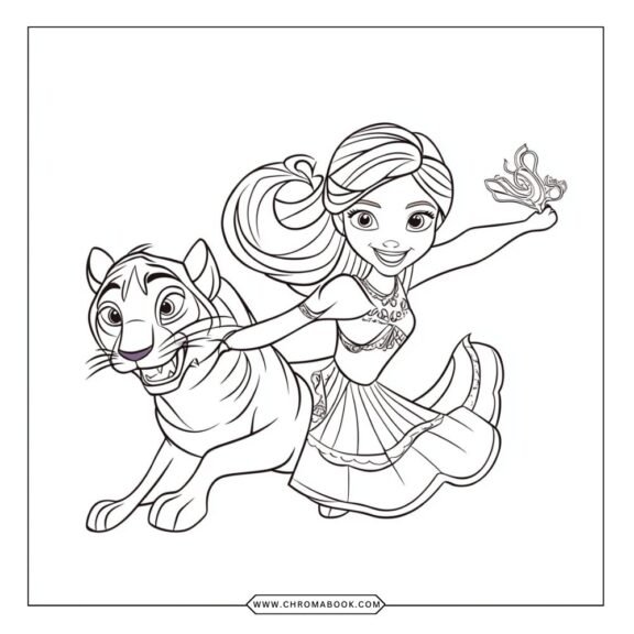 A vibrant Elena of Avalor coloring page featuring Elena in her royal attire, perfect for a fun, free printable activity!