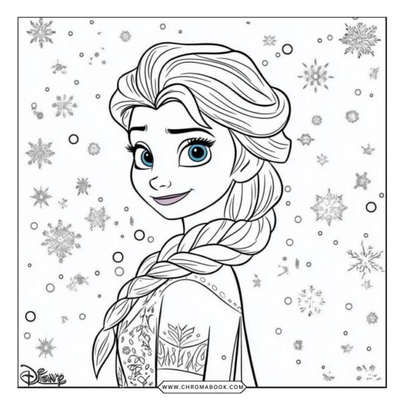 A whimsical coloring page featuring Elsa and Anna from Frozen, surrounded by intricate snowflakes and floral patterns. Free printable!