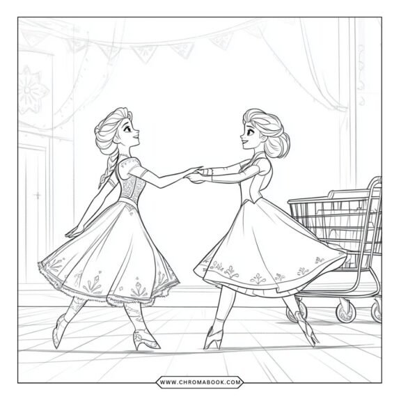 Coloring page featuring Elsa and Anna from Frozen, surrounded by whimsical snowflakes and icy patterns. Free printable for creative fun!