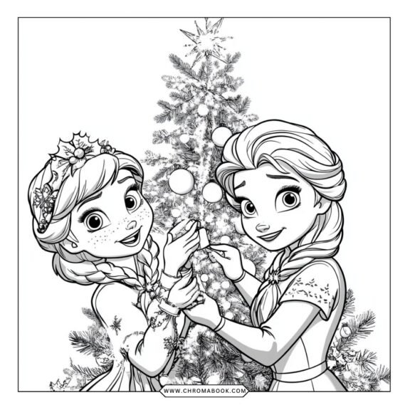 A whimsical coloring page featuring Elsa and Anna surrounded by snowflakes and mountains, perfect for a free printable activity.