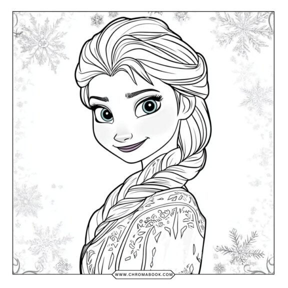 A charming coloring page featuring Elsa and Anna from Frozen, surrounded by whimsical snowflakes and icy patterns. Free printable!