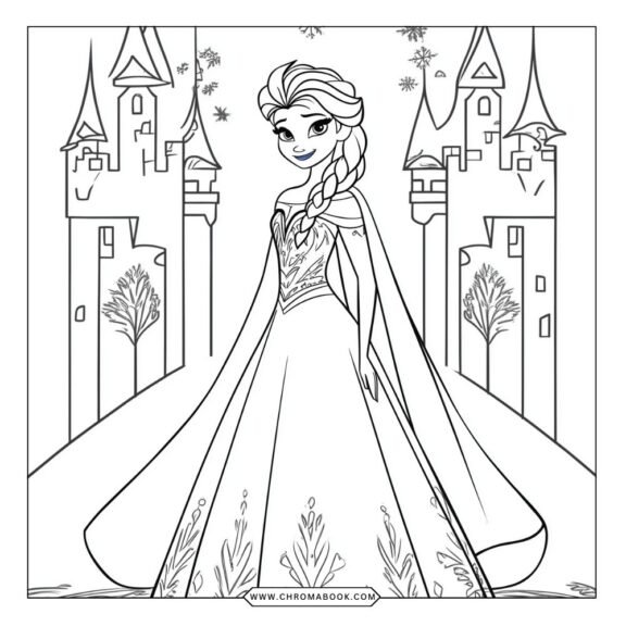 A whimsical coloring page featuring Elsa and Anna surrounded by snowflakes and flowers, perfect for a creative activity. Free printable!