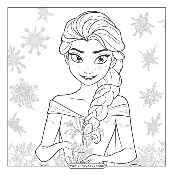 A delightful coloring page featuring Elsa and Anna from Frozen, surrounded by whimsical snowflakes and winter motifs. Free printable!