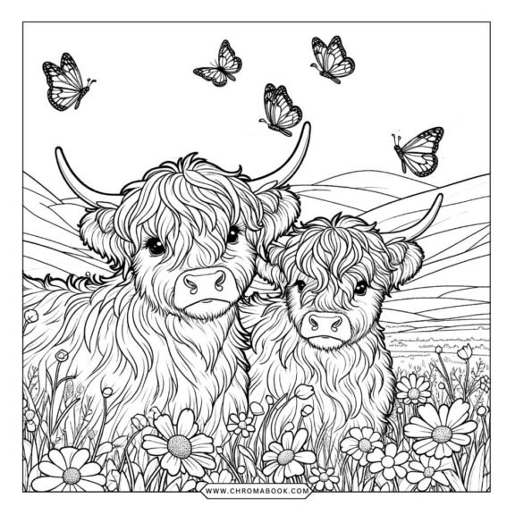 A whimsical highland cow with flowing hair and intricate floral patterns, perfect for a relaxing coloring page. Free printable!