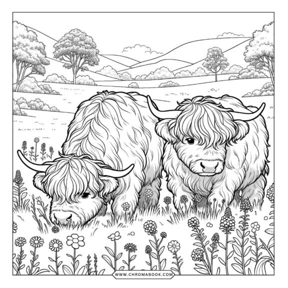 A whimsical highland cow surrounded by floral patterns, perfect for creativity. Free printable coloring page for all ages!