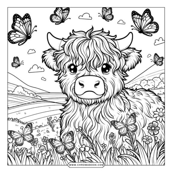 A whimsical highland cow surrounded by floral patterns, perfect for a fun coloring page. Enjoy this free printable!