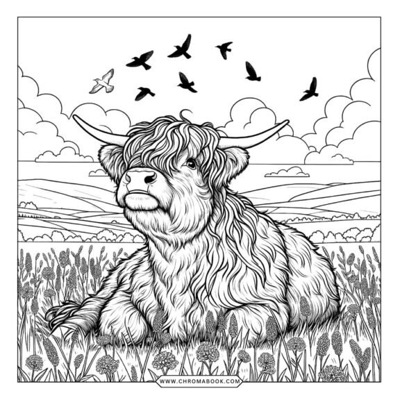 A whimsical highland cow surrounded by floral patterns, perfect for creativity. Free printable coloring page for all ages!
