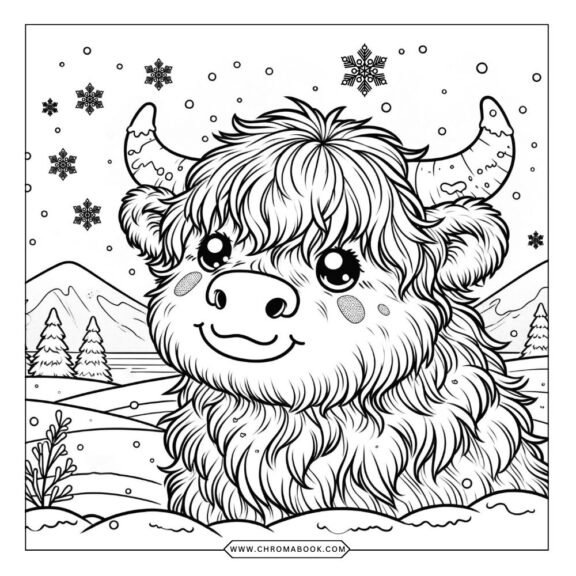 A detailed Highland cow coloring page featuring intricate patterns and textures, perfect for artistic expression. Free printable!