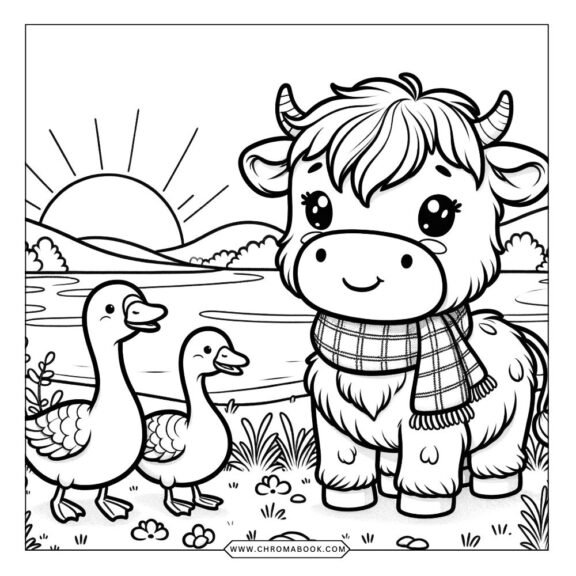 A whimsical highland cow surrounded by floral patterns, perfect for a relaxing coloring page. Enjoy this free printable!