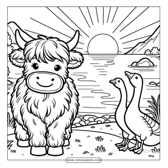 A detailed coloring page featuring a majestic Highland cow surrounded by floral patterns, perfect for creative expression. Free printable!