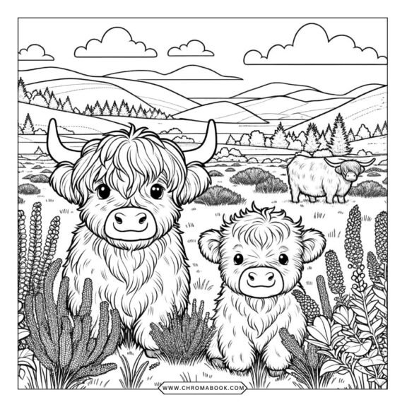 A detailed Highland cow coloring page featuring intricate patterns and floral elements, perfect for a fun, creative activity. Free printable!