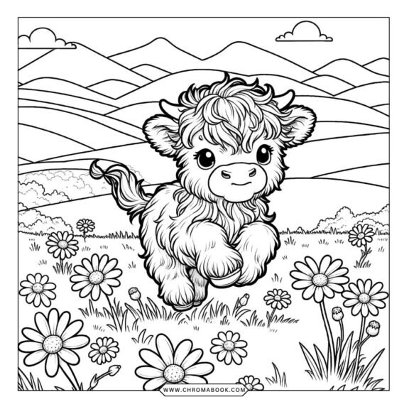 A charming highland cow coloring page featuring intricate patterns and floral elements, perfect for a creative escape. Free printable!