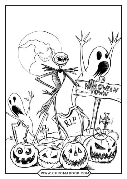 A whimsical Jack Skellington coloring page featuring intricate designs and patterns, perfect for a spooky, creative experience. Free printable!
