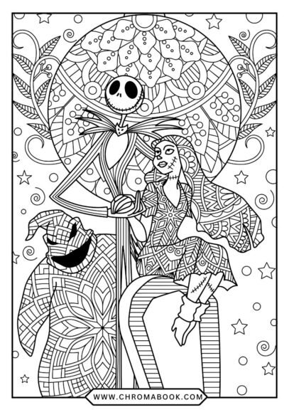 A whimsical Jack Skellington coloring page featuring intricate designs and patterns. Perfect for a creative free printable activity!