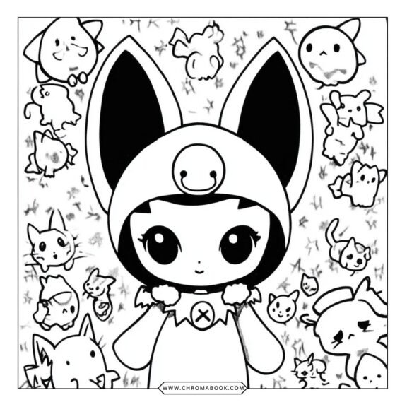A whimsical Kawaii Kuromi coloring page featuring playful designs and cute elements, perfect for a free printable activity.
