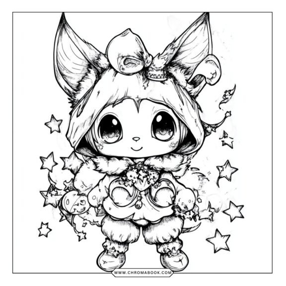 A whimsical Kuromi character surrounded by playful elements and patterns, perfect for a fun coloring page. Free printable!