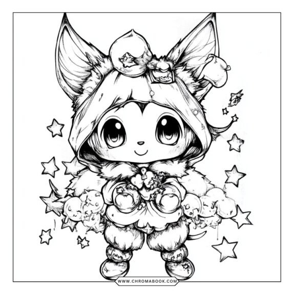 A playful Kuromi character surrounded by whimsical patterns and stars, perfect for a fun coloring page. Free printable available!